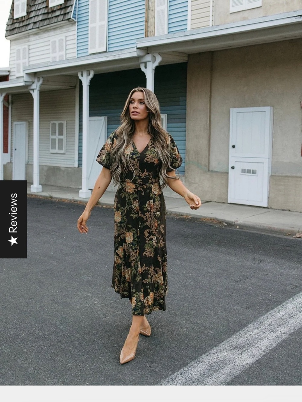Astr Brown Floral Midi Dress with Olive and Tan Blooms